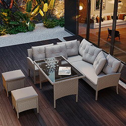 Avis KOMHTOM Salon jardin 7 places poly-rattan, canapé, table, tabourets, housse lavable, khaki