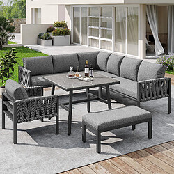 KOMHTOM Canapé d'angle jardin, table en verre, coussins inclus, pieds réglables, gris