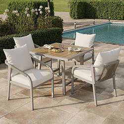 KOMHTOM Ensemble jardin 4 pers table + 4 chaises acier bois composite cannage corde khaki beige