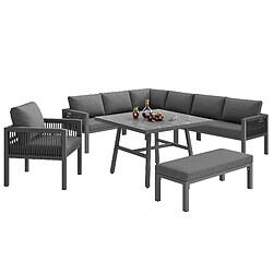 KOMHTOM Salon d'angle 8 places rotin main, fer, coussins gris, table verre marbre extérieur pas cher