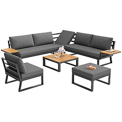 KOMHTOM Salon de jardin angle 7 places bois, coussins 10cm, table basse, métal, gris pas cher