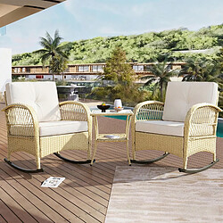 KOMHTOM Ensemble balcon rotin 3 pièces, 2 fauteuils basculants, table verre trempé, 160kg, beige