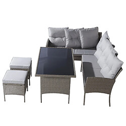 KOMHTOM Salon jardin 7 places poly-rattan, canapé, table, tabourets, housse lavable, khaki pas cher