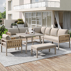 Avis KOMHTOM Salon de jardin angle corde, métal galvanisé, table verre trempé, coussins beige