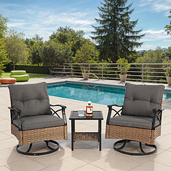 KOMHTOM Ensemble jardin 3 pièces, 2 fauteuils pivotants, table rotin acier, charge 159 kg marron