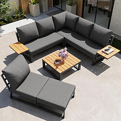 Avis KOMHTOM Salon de jardin angle 7 places bois, coussins 10cm, table basse, métal, gris