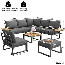 Acheter KOMHTOM Salon de jardin angle 7 places bois, coussins 10cm, table basse, métal, gris