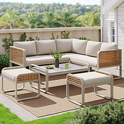 KOMHTOM Canapé d'angle jardin rotin 6-7 places, acier galvanisé, coussins inclus beige