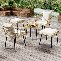 KOMHTOM Salon de jardin 5 pièces rotin naturel, table, 2 chaises, 2 tabourets avec coussins