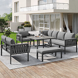 KOMHTOM Canapé d'angle jardin, table en verre, coussins inclus, pieds réglables, gris