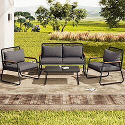 KOMHTOM Salon de jardin 4 places, fer galvanisé, table verre trempé, coussins assise, noir