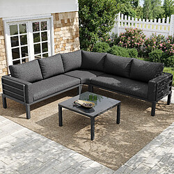 KOMHTOM Canapé d'angle jardin 4-5 places, table verre trempé, cadre fer, coussins gris