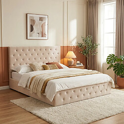 Homy France Lit coffre capitonné velours beige 140x190 cm sommier inclus VICTORIA
