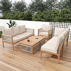 KOMHTOM Canapé d'angle acacia 7-8 places, corde tressée, coussins lavables, 2 tables, beige