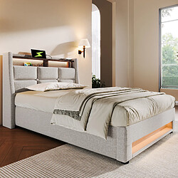 Avis KOMHTOM Lit simple 90x200 cm,LED multicolore,télécommande,USB,matelas,rangement hydraulique,beige