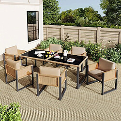 Avis KOMHTOM Ensemble repas jardin 7 pièces rotin PE, 6 fauteuils housses lavables, table verre trempé