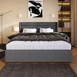 KOMHTOM Lit double 160x200 cm, matelas 720 ressorts inclus, rangement hydraulique, lin, gris