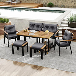 KOMHTOM Ensemble Jardin 7 Places Table Canapé 2P 2 Chaises 2 Tabourets Chariot Acacia Acier Housses