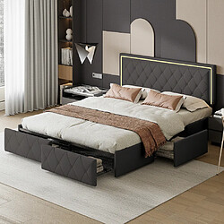 Acheter MEXUS Lit double 140x200 cm avec rangement, LED intégrée, 4 tiroirs, PU, noir