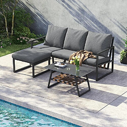 KOMHTOM Ensemble jardin 4 pièces canapé 3P, 2 fauteuils, table composite, acier, coussins beige