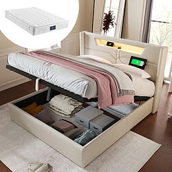 Avis KOMHTOM Lit double 140x200cm avec matelas 620 ressorts, coffre, LED RGB, USB-C, lin beige