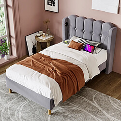 Avis KOMHTOM Lit simple 90x200 cm avec matelas, tête rembourrée lin, USB-C, sommier lattes, gris