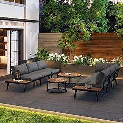 KOMHTOM Ensemble jardin 6 pièces fer acacia, 2 canapés 2P, 2 fauteuils, 2 tables, coussins gris