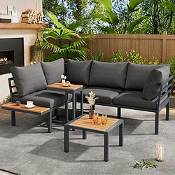 KOMHTOM Salon de jardin angle canapé, table basse ottoman, acier galvanisé, WPC gris noir