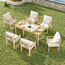 Avis KOMHTOM Ensemble repas jardin 7 pièces, table longue, 6 chaises tressées, fer blanc et bois