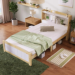 Avis KOMHTOM Lit Enfant Bois Massif 90x200 cm, Tête de Lit Rangement, Pin Naturel et Blanc, Lattes