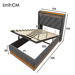 Acheter KOMHTOM Lit Simple 90x200 cm LED 360 APP Télécommande Hydraulique Rangement USB-C Gris
