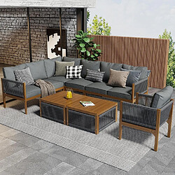 KOMHTOM Canapé salon jardin acacia 7-8 places, corde tressée, coussins lavables, 2 tables gris