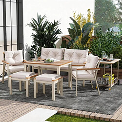 KOMHTOM Ensemble Jardin 7 Places Table Canapé 2P 2 Chaises 2 Tabourets Chariot Acacia Acier Beige