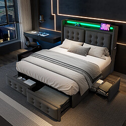 Avis KOMHTOM Lit Polsterbett 140x200 cm, matelas, tête LED USB-C, 4 tiroirs, coton, 300kg, gris