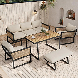 KOMHTOM Ensemble jardin 5 pièces canapé 3 places fauteuils pouf table WPC acier beige