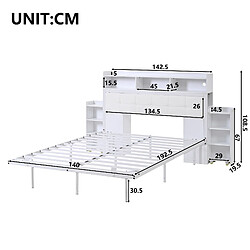 Acheter KOMHTOM Lit double 140x190 cm avec LED, USB-C, 2 tiroirs, rangement métal, 30 cm, blanc