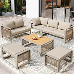 KOMHTOM Canapé d'angle jardin corde tressée 6-7 places, coussins, pieds réglables beige