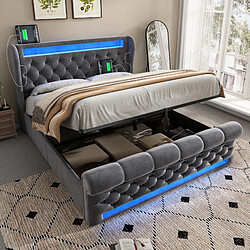 Avis KOMHTOM Lit capitonné 140x200, LED, USB-C, rangement hydraulique, velours, matelas inclus, Gris