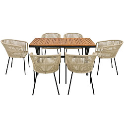 KOMHTOM Salon de jardin 7 pièces corde, 6 fauteuils, table acacia, coussins lavables, gris pas cher