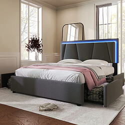 Avis KOMHTOM Lit double rembourré 140x200 cm, LED, tête réglable, 4 tiroirs, sommier bois, gris