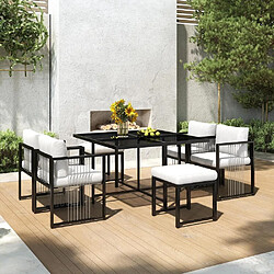 KOMHTOM Ensemble jardin 7 pièces 6 places,table verre trempé fer,4 chaises 2 tabourets corde,noir