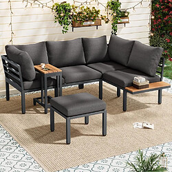 Avis KOMHTOM Salon de jardin angle canapé, table basse ottoman, acier galvanisé, WPC gris noir