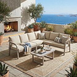 KOMHTOM Salon d'angle jardin 6 places corde tressée acier galvanisé table basse verre beige