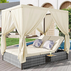 KOMHTOM Lit double jardin résine tressée, rideaux ombrage, dossier réglable, coussins, blanc crème