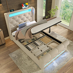 Avis KOMHTOM Lit simple 90x200 capitonné LED 360°, rangement USB-C, hydraulique velours, matelas beige