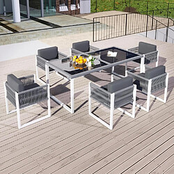 KOMHTOM Ensemble jardin 6 places, table verre trempé, 6 chaises corde tressée, coussins 8.5cm,gris