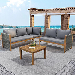KOMHTOM Canapé angle jardin + table basse, cadre acacia, accoudoirs corde tressée, gris