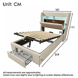 Acheter KOMHTOM Lit coffre 90x200 avec matelas, tête LED, ports USB, rangement hydraulique, beige
