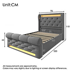Acheter KOMHTOM Lit simple capitonné 90x200cm,LED 360°,rangement USB-C,hydraulique velours,matelas,gris