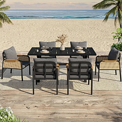KOMHTOM Ensemble Jardin 7 pièces table + 6 chaises fer, rotin tressé, coussins inclus, noir